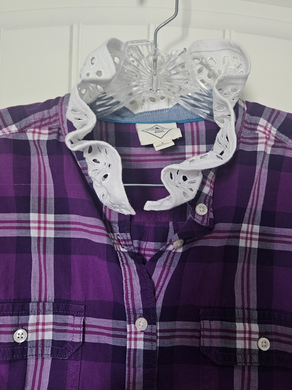 Upcycled Purple Plaid Button-Up Shirt with White Eyelet Ruffle Collar